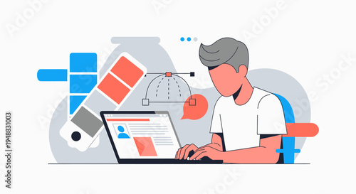 A man works on a laptop at a creative agency with graphs and a satellite