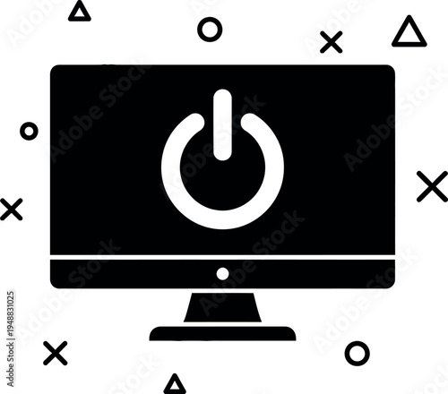 Computer Monitor with Power Button Icon Vector Illustration in Flat Black and White Style