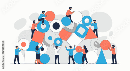 A creative agency team collaborates on a project with shapes and people.