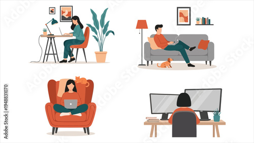  Work From Home Illustration Freelance Man and Woman Working on Laptops with Pets – Flat Vector
