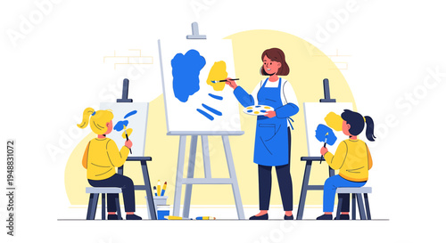 A creative agency team works on an art project with children at a studio