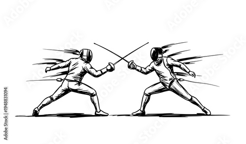 Fencing duel brush sketch sport competition vector illustration