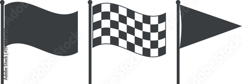 Set of 3 racing flags vector including checkered finish flag and waving pennant icons