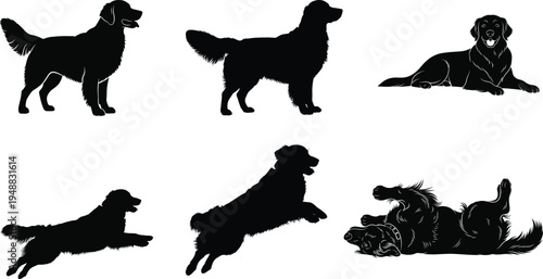 Collection of six black dog silhouettes in various poses and collars