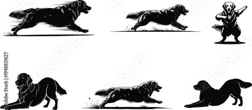 Black silhouettes of dogs in various poses and views