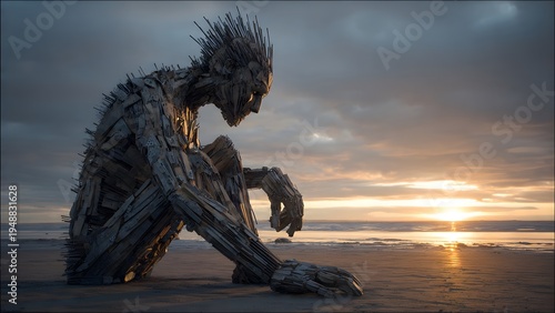 Wooden Giant Statue Sitting on a Sandy Beach at Sunset
