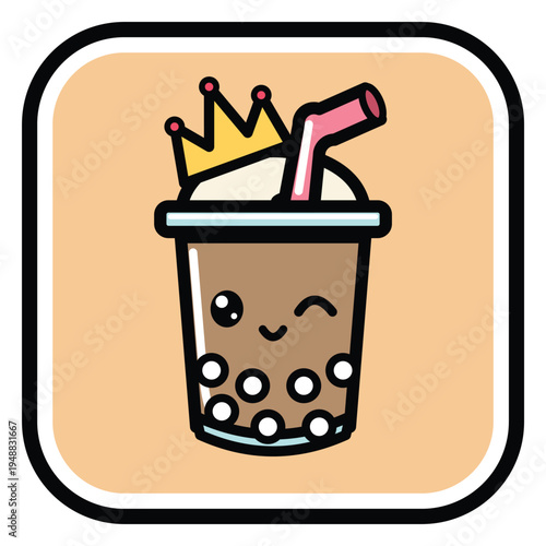 Cute Kawaii Bubble Tea Cup with Crown, Winking Boba Drink Cartoon Mascot Vector Illustration.