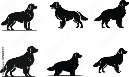 Collection of six different dog poses in black silhouette on white background