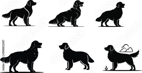 Black silhouettes of a dog in various positions and angles