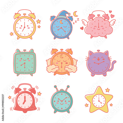 A collection of nine cute and colorful cartoon alarm clocks with various designs and expressions, including sleeping, ringing, and animal-themed styles.
