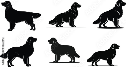 Collection of six black silhouette illustrations of dogs in various poses