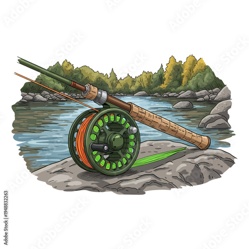 Fly fishing rod and reel on a rocky river bank with forest background in hand drawn vintage style