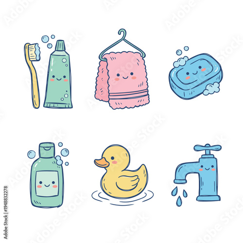 Cute cartoon bathroom essentials set with smiling faces, including toothbrush, toothpaste, towel, soap, shampoo, rubber duck, and faucet.