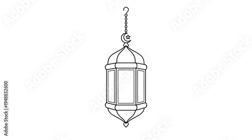 Minimalist black-and-white hanging lantern icon with hexagonal panels and chain, symbolizing traditional lighting and vintage design.