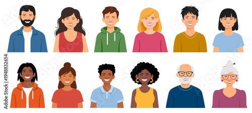 Diverse avatar portraits. Icon set of multicultural, multiracial group of people. Smiling people of various ethnicities, genders, ages, with various hairstyles and clothes. Vector illustration