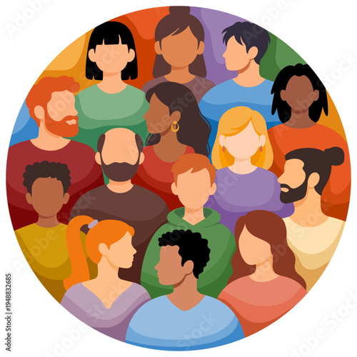 Crowd of different people. Circle background. Diverse multicultural, multiracial group of people. Men, women, young, elderly, with various hairstyles, colourful clothes. Vector illustration