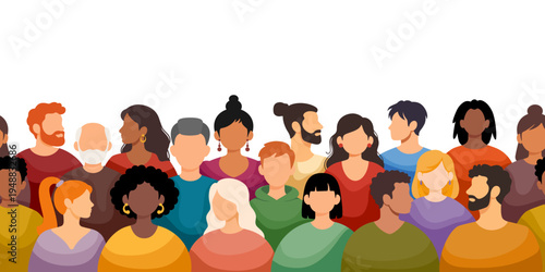 Crowd of different people. Seamless border, background. Diverse multicultural, multiracial group of people. Men, women, young, elderly, with various hairstyles, colourful clothes. Vector illustration