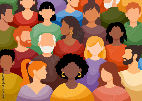 Crowd of different people. Diverse multicultural and multiracial group of people. Men, women, young and elderly, with various hairstyles. Teamwork, togetherness, community concept. Vector illustration