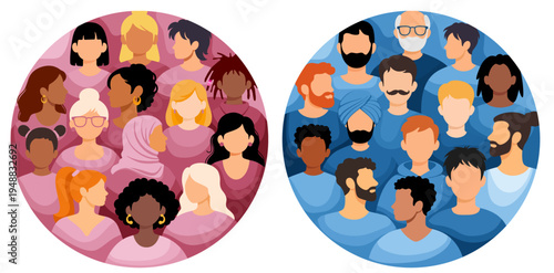 Crowd of different people. Circle frames with men and women. Diverse multicultural, multiracial group of people. Young, elderly, with various hairstyles and clothes. Vector illustration