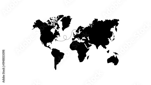 flight from Europe to America, black isolated silhouette