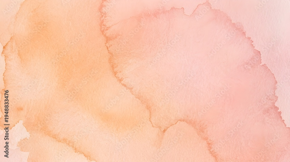Fototapeta premium Warm peach and coral watercolor background, soft textured paper, organic fluid shapes, gentle pastel wash, subtle light and shadow play