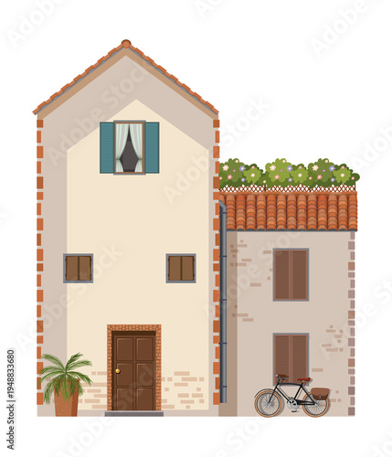 a house with a bicycle parked outside and a potted plant transparent background