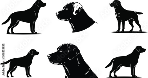 Black silhouettes of dogs in various poses and views