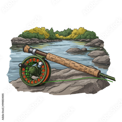 Fly fishing rod and reel on a rocky river bank with forest background in hand drawn vintage style