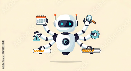 AI multitasking productivity robot illustration with copy space for digital transformation blog header