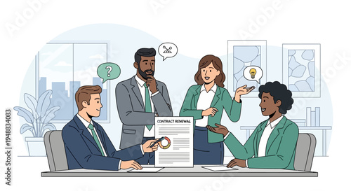 Diverse Business Team Discussing Contract Renewal and Strategic Planning in Modern Office Meeting