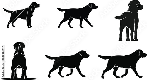 Collection of six black silhouettes of dogs in various poses