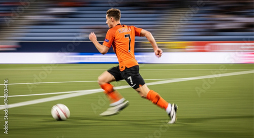 Soccer player running with ball on green field during game.