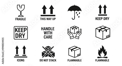 Collection of Shipping and Handling Symbols for Packaging.