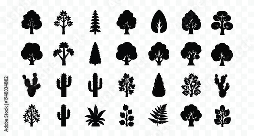 Black silhouette of prickly pear cactus and deciduous tree on a white background