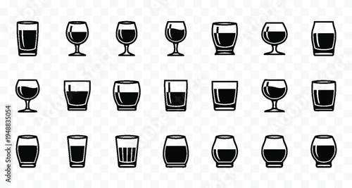 Collection of Black and White Line Art Icons of Drinking Glasses