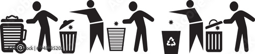 Collection of garbage disposal symbols and recycling bin action