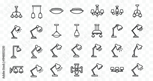 Set of line art icons of traditional lamps and lighting fixtures