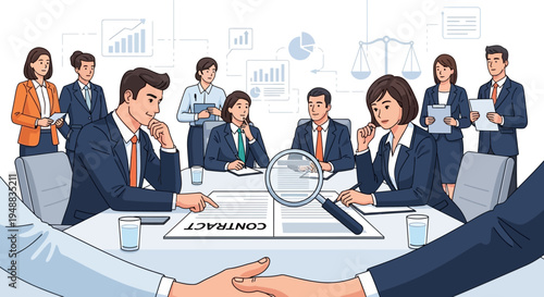 Business Professionals Reviewing Legal Contract with Magnifying Glass for Due Diligence and Agreement Handshake
