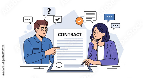 Business People Negotiating and Reviewing Legal Contract Document Illustration
