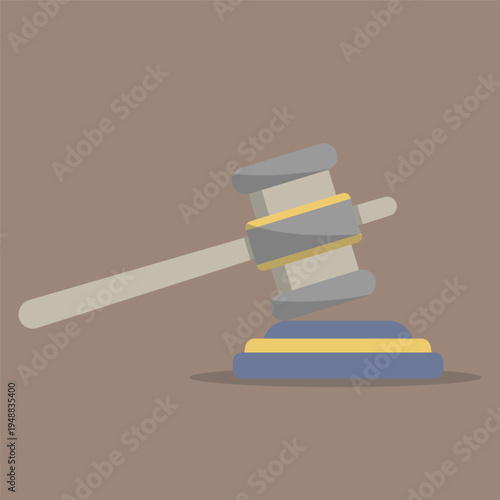 A flat design illustration of a grey and yellow gavel resting on its blue and yellow sound block, symbolizing justice and authority.