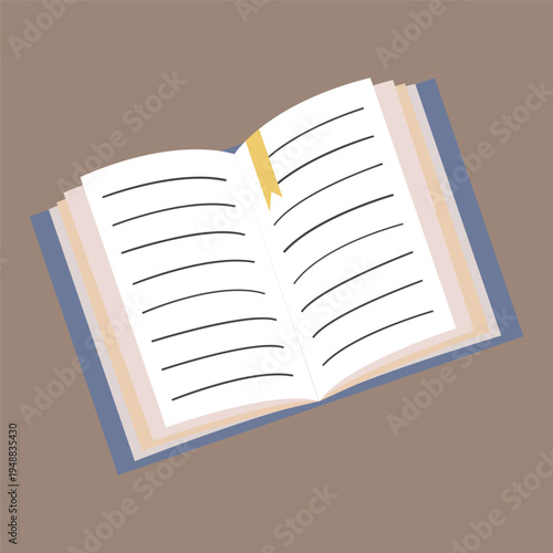 An open book with blank pages and a yellow bookmark, resting on a plain brown background, illustrated in a simple, flat style.