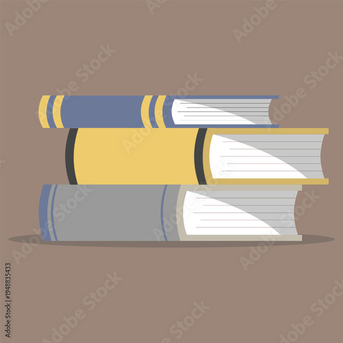 A flat vector illustration of three books stacked horizontally, featuring blue, yellow, and grey covers with visible white pages on a brown background.