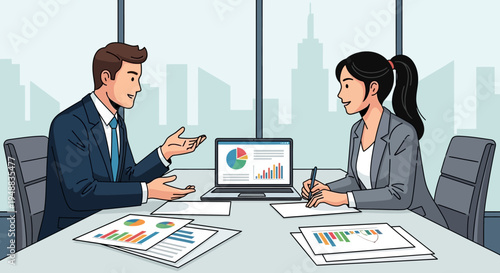 Business Professional Colleagues Discussing Data Analysis and Financial Reports in Modern Office Illustration