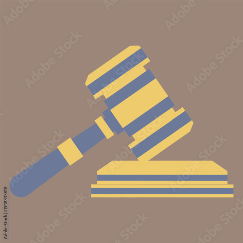 A stylized illustration of a blue and yellow striped gavel resting on its matching sound block, set against a plain brown background.