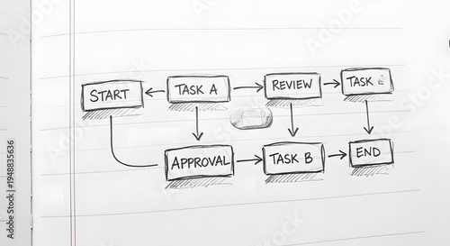 Hand drawn flowchart showing project start with tasks and approval process