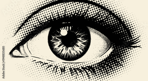 retro halftone collage, mixed media design elements, halftone dot texture, pop art dotted style, vintage grunge punk art, crazy punk collage, human eye illustration, halftone eye artwork, expressive s