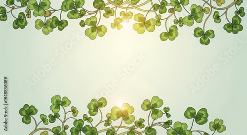 Green clover leaves on vine with sunny light background symbolizing luck and nature