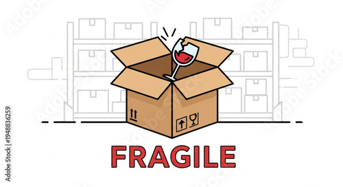 Broken Wine Glass Inside Open Cardboard Box with Fragile Label.