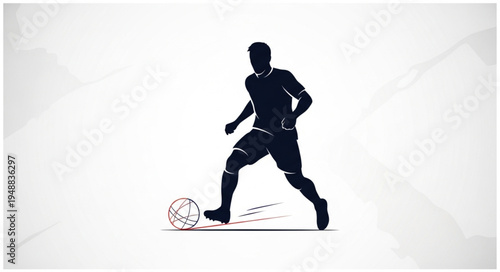 Silhouette of a soccer player dribbling a ball.