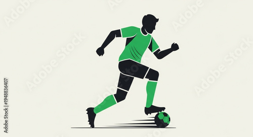 Soccer player in green uniform dribbling a ball.